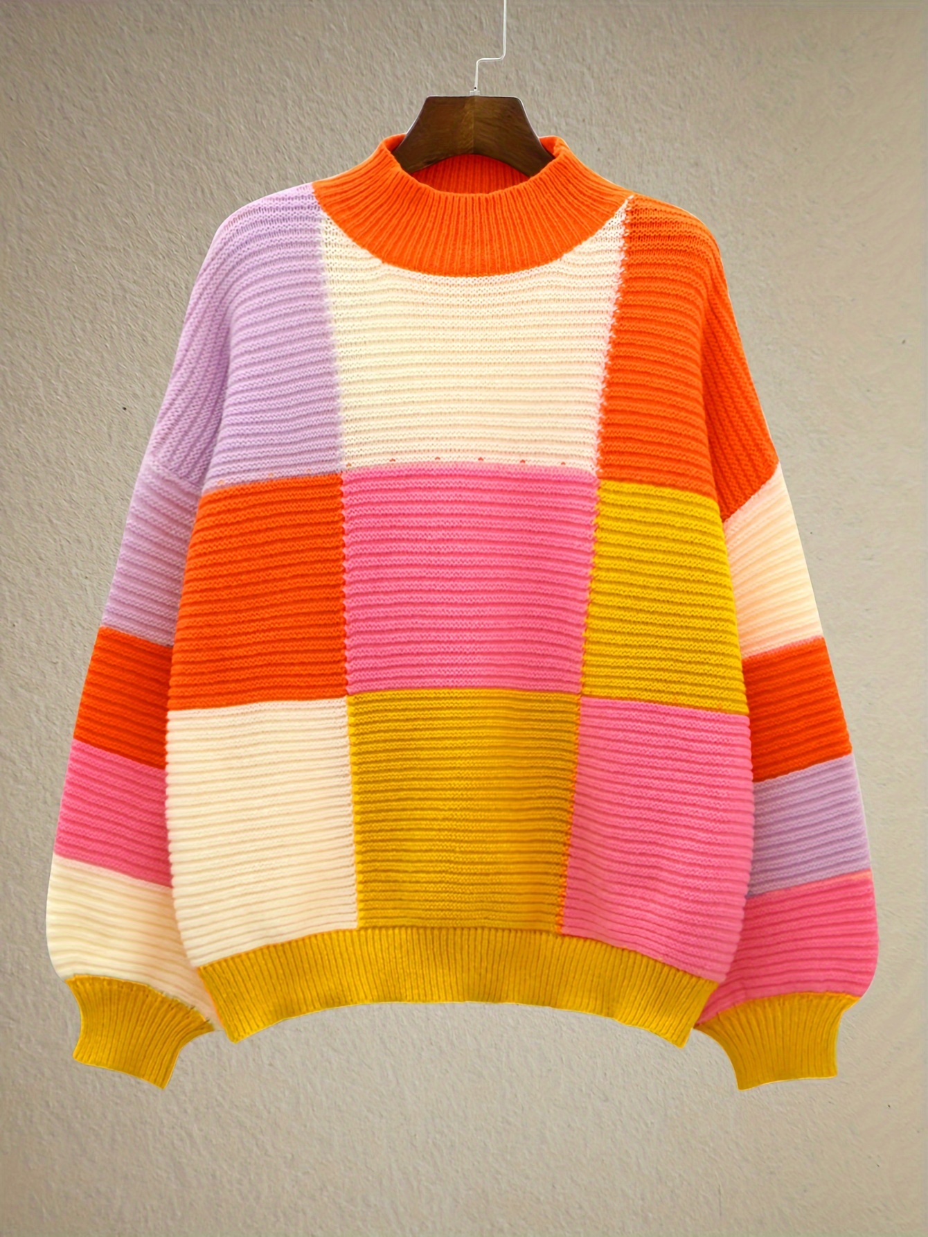 plus size y2k sweater womens plus colorblock grid print lantern sleeve round neck jumper details 4