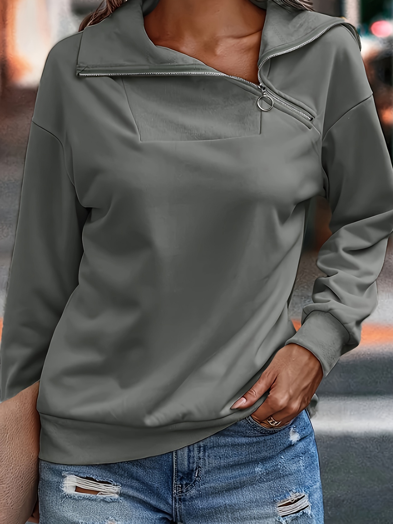 plus size zipper solid top casual long sleeve top for spring fall womens clothing details 1