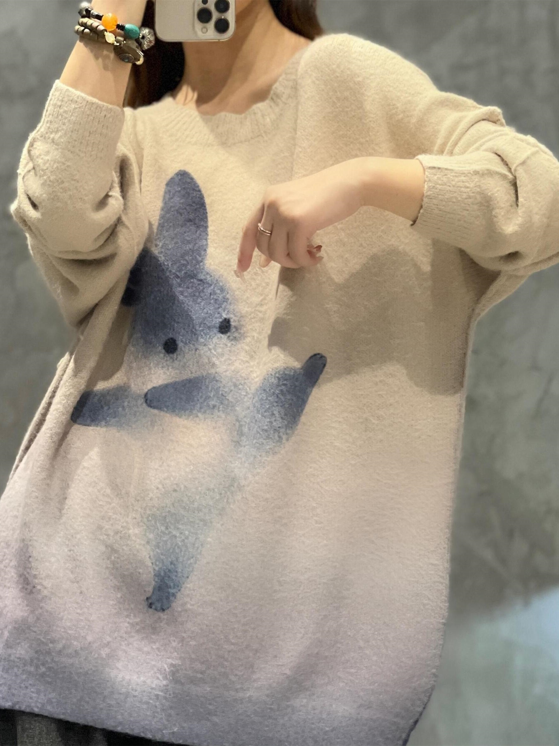 plus size cute sweater womens plus cute rabbit print long sleeve round neck jumper details 3