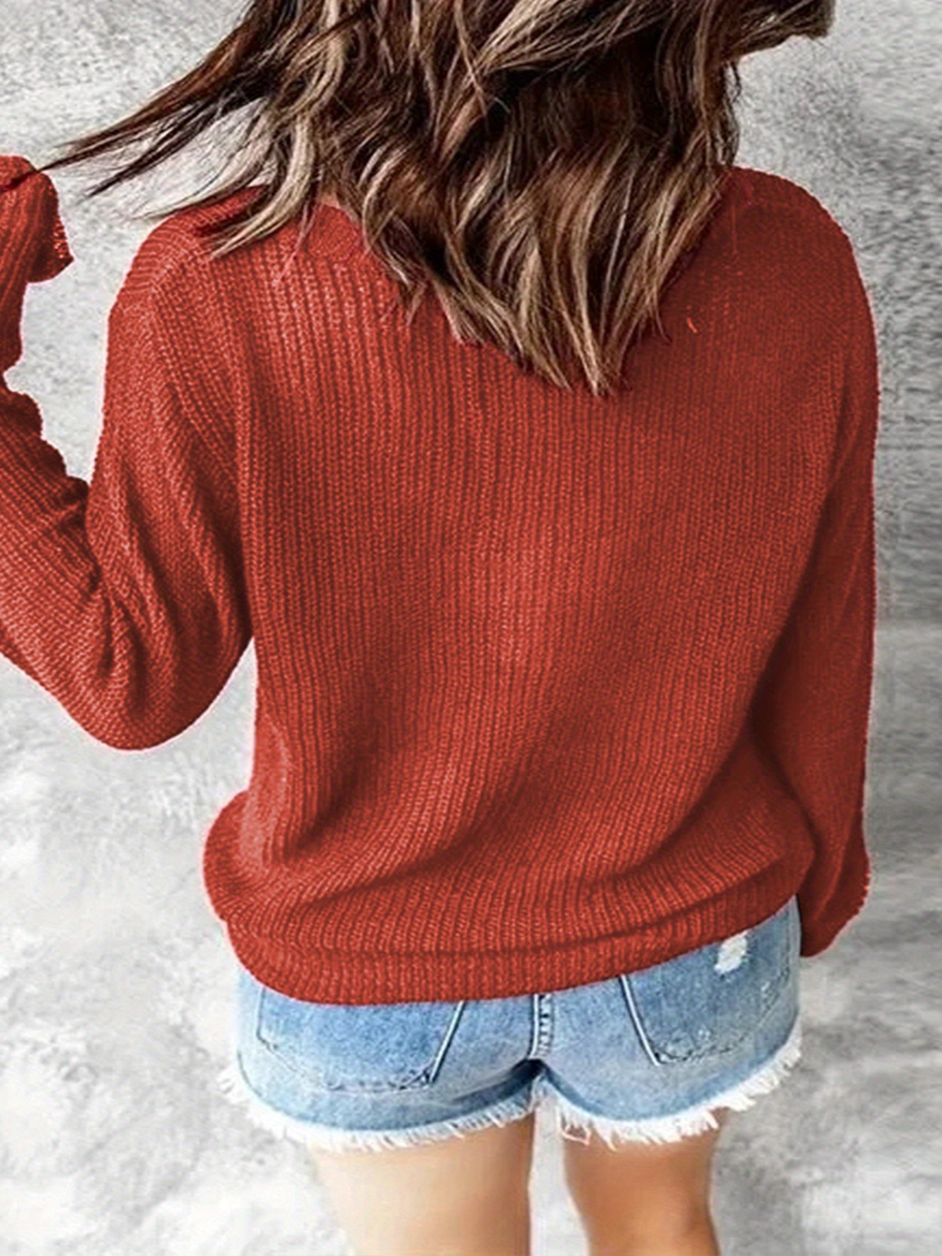 plus size casual sweater womens plus solid button decor long sleeve v neck slight stretch sweater details 2