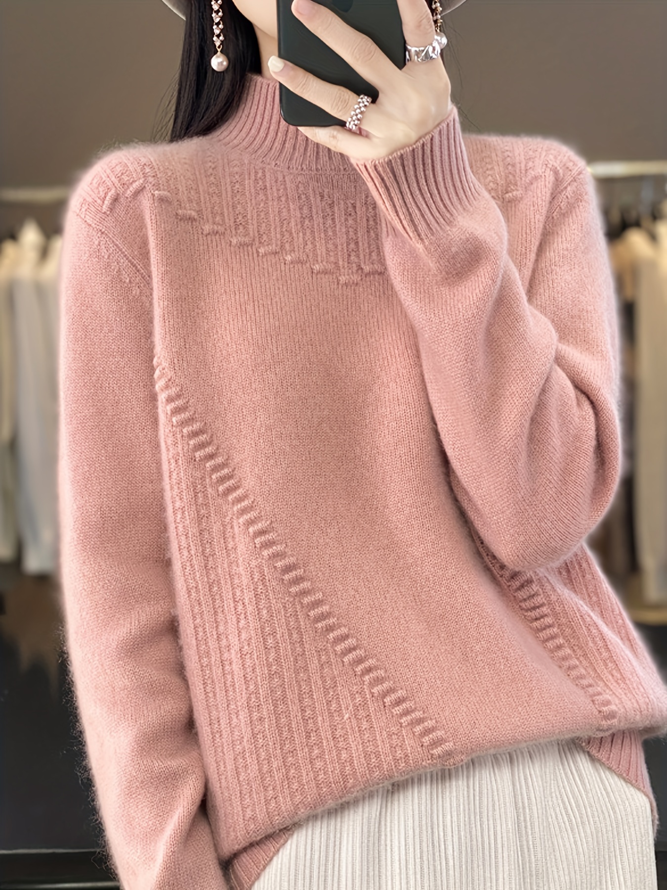 plus size solid mock neck sweater casual long sleeve sweater for fall winter womens plus size clothing details 0