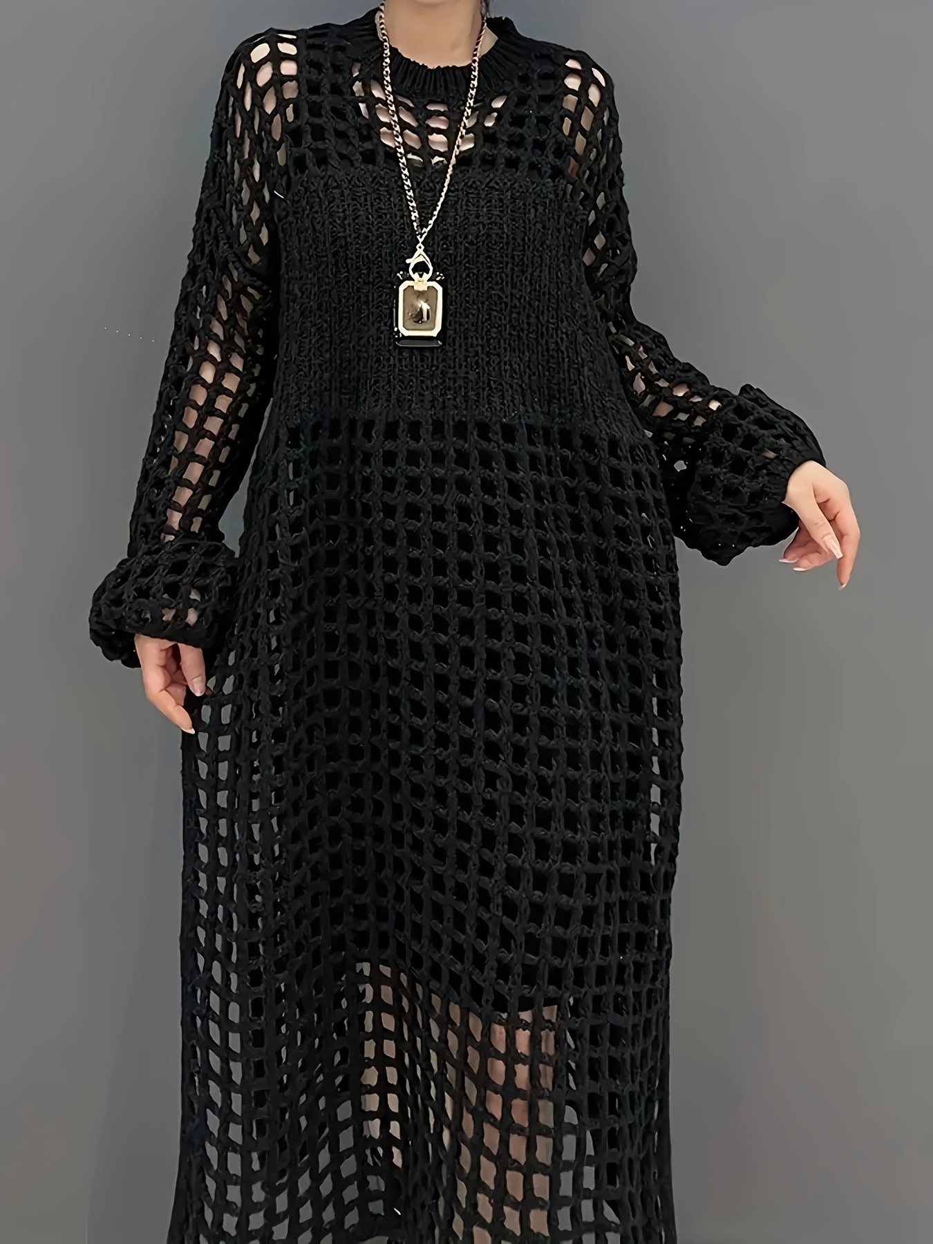 plus size hollow out crew neck cover up dress sexy split hem long sleeve midi dress for spring summer womens plus size clothing details 12