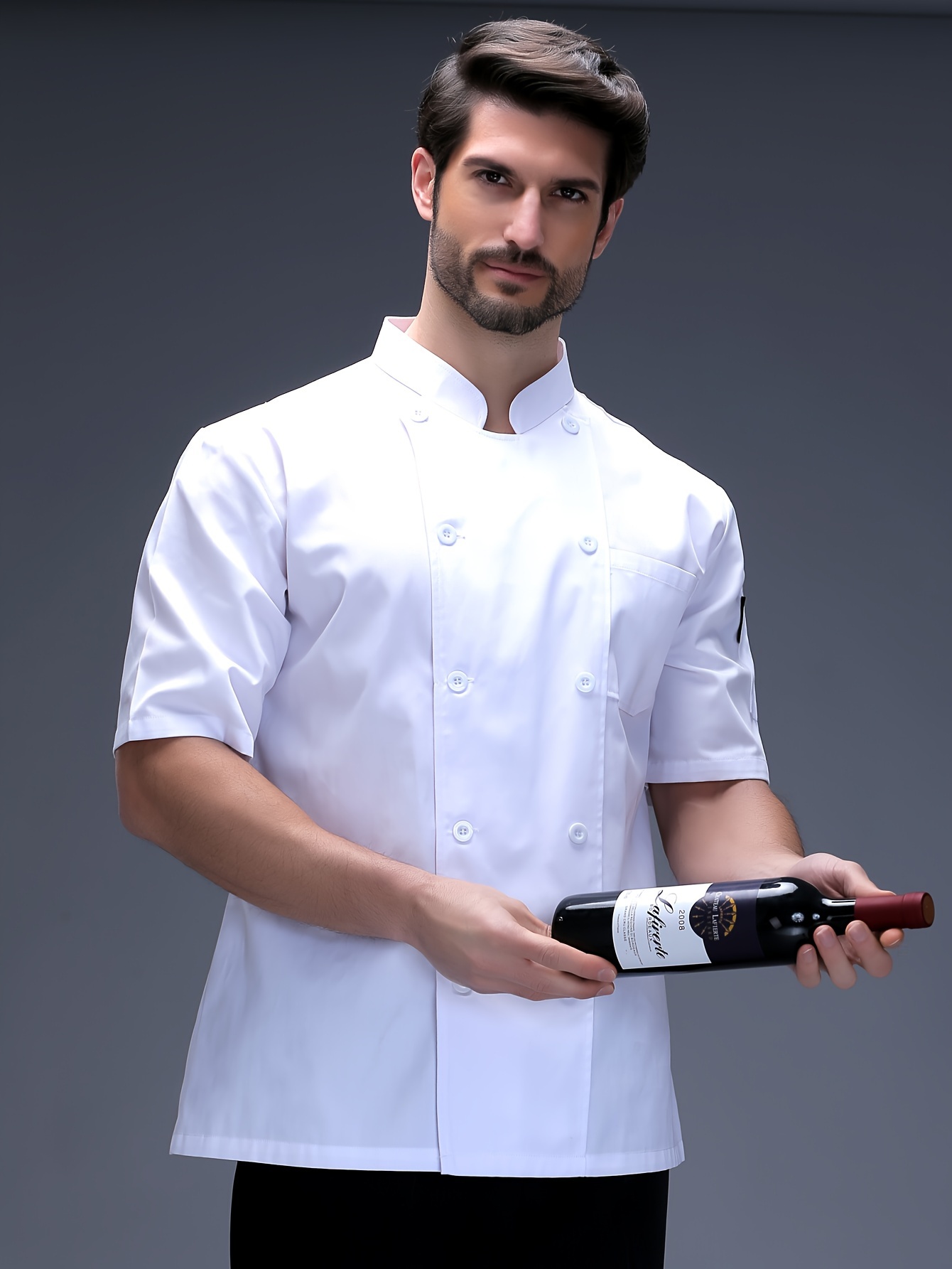 mens chef coat formal solid long sleeve double breasted stand collar coat for kitchen baking chef works in restaurant details 1