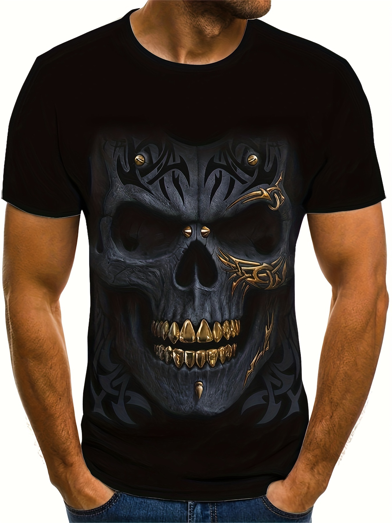 scary skull head with golden teeth 3d print mens trendy graphic summer outdoor t shirt details 1