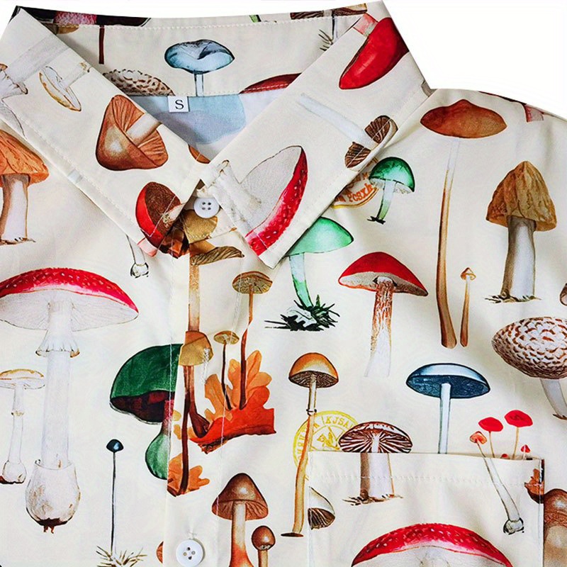 fashion trendy mens summer lapel mushroom print short sleeve beach shirt for suffering in summer details 2