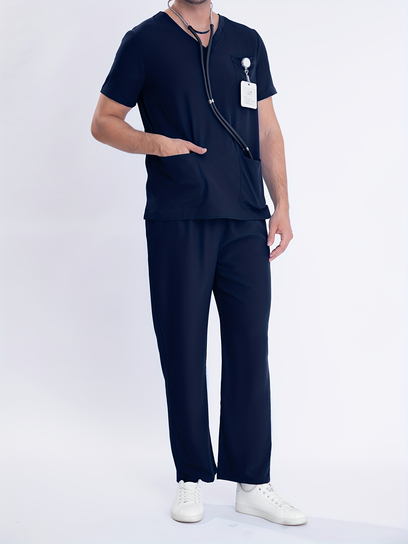 2 piece mens solid summer workwear outfit set mens short sleeve v neck top with pocket design long pants set details 0