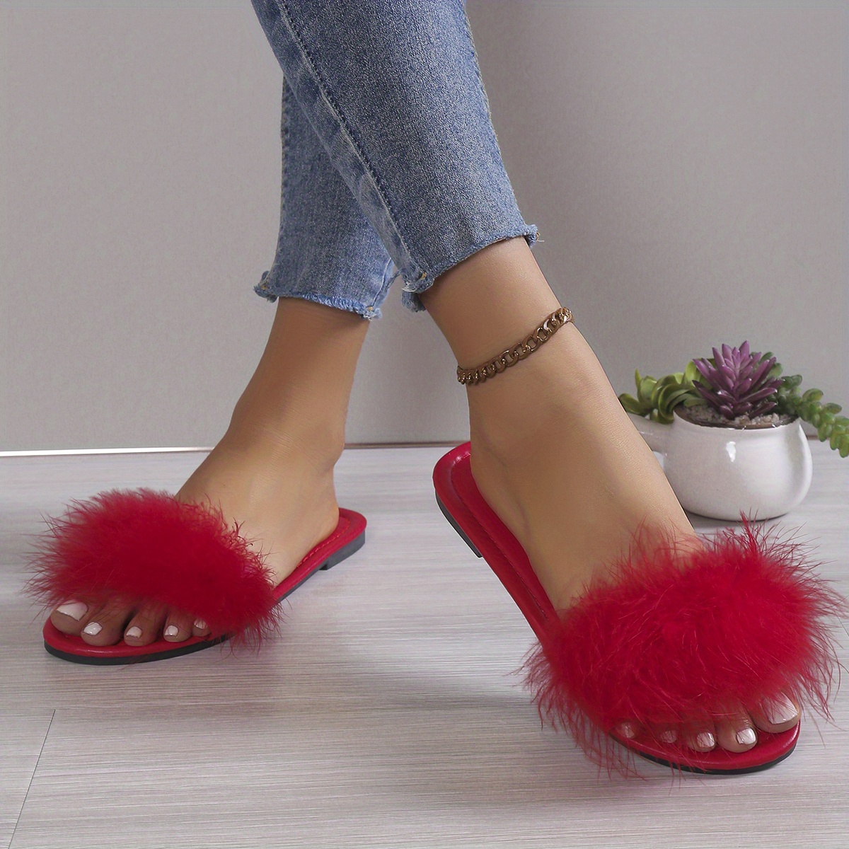 womens solid color slide sandals casual faux fur decor summer shoes lightweight slide sandals details 4