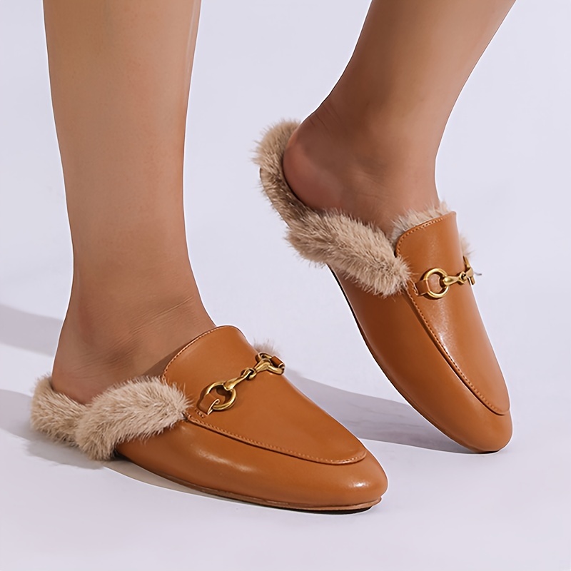 womens solid color fluffy flats metallic buckle decor comfy fleece lining shoes winter warm plush slides shoes details 1