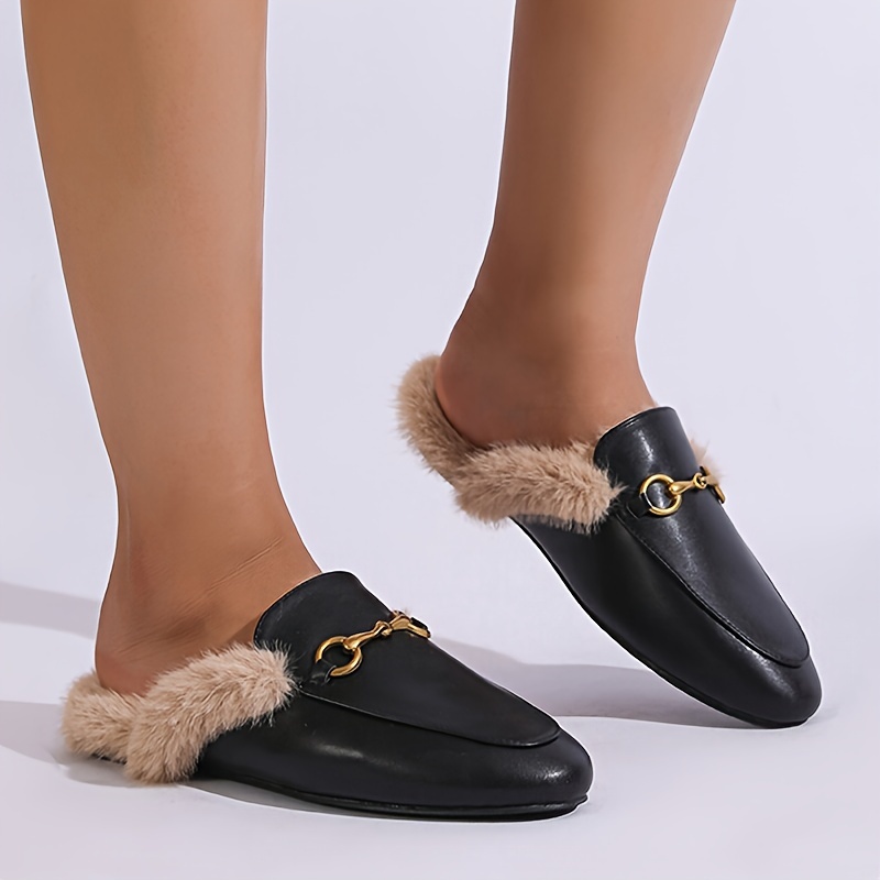 womens solid color fluffy flats metallic buckle decor comfy fleece lining shoes winter warm plush slides shoes details 8