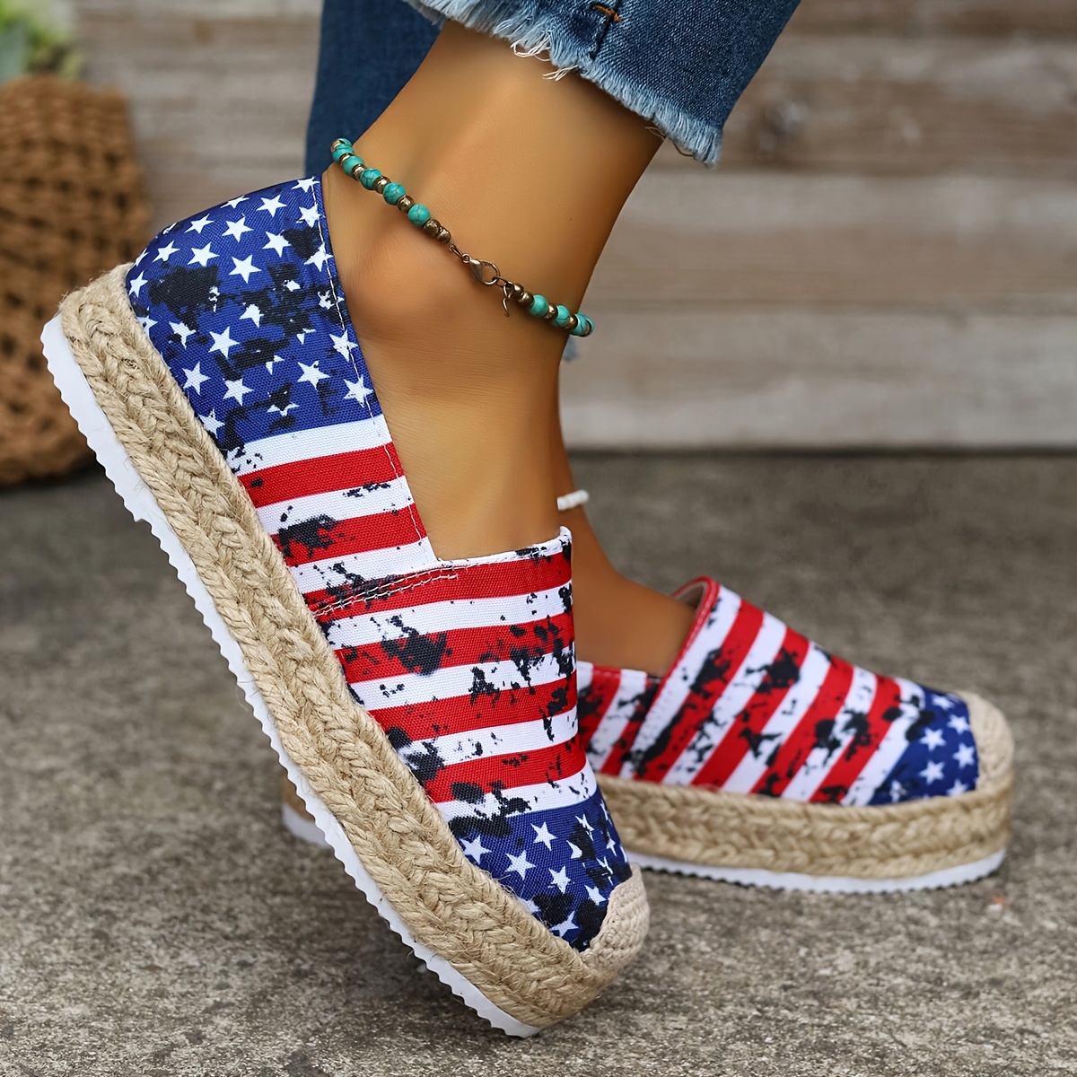 womens flag pattern espadrille flats casual round toe slip on flatform canvas shoes breathable low top shoes details 3