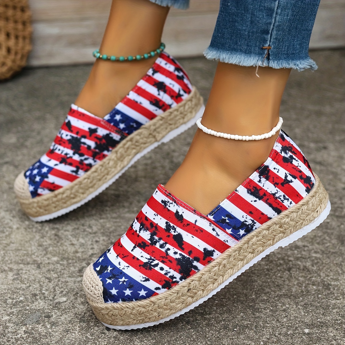 womens flag pattern espadrille flats casual round toe slip on flatform canvas shoes breathable low top shoes details 4