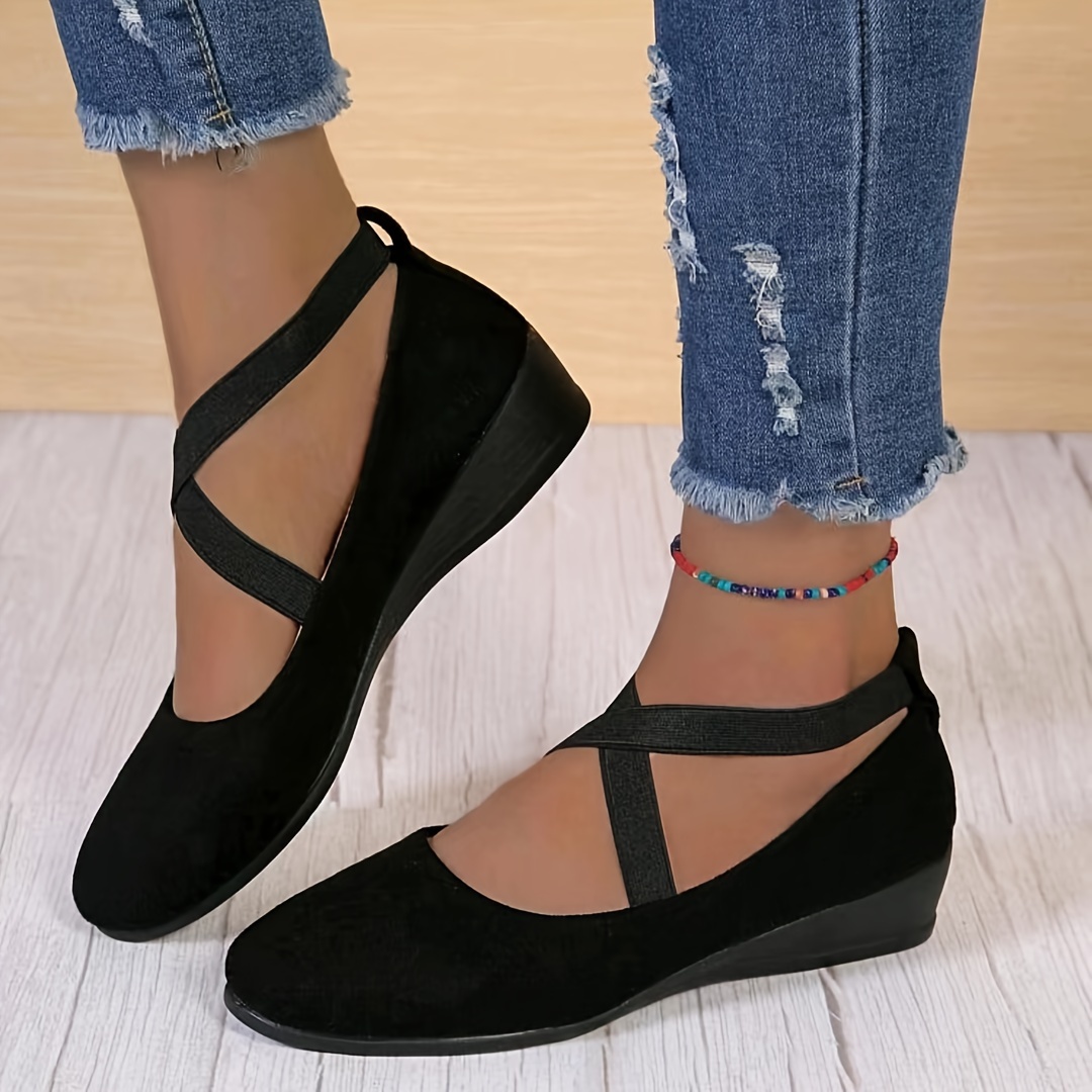 womens solid color shoes slip on elastic cross straps comfy soft sole shoes lightweight wedge daily shoes details 4