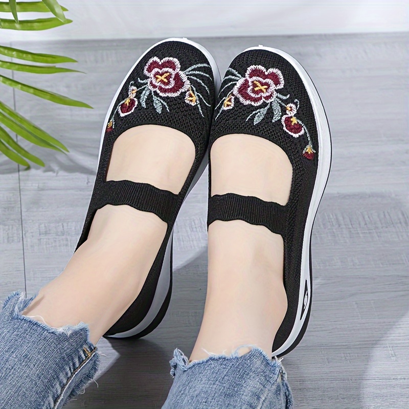 womens floral embroidered flats ankle band soft sole platform shallow mouth shoes low top walking comfy shoes details 1