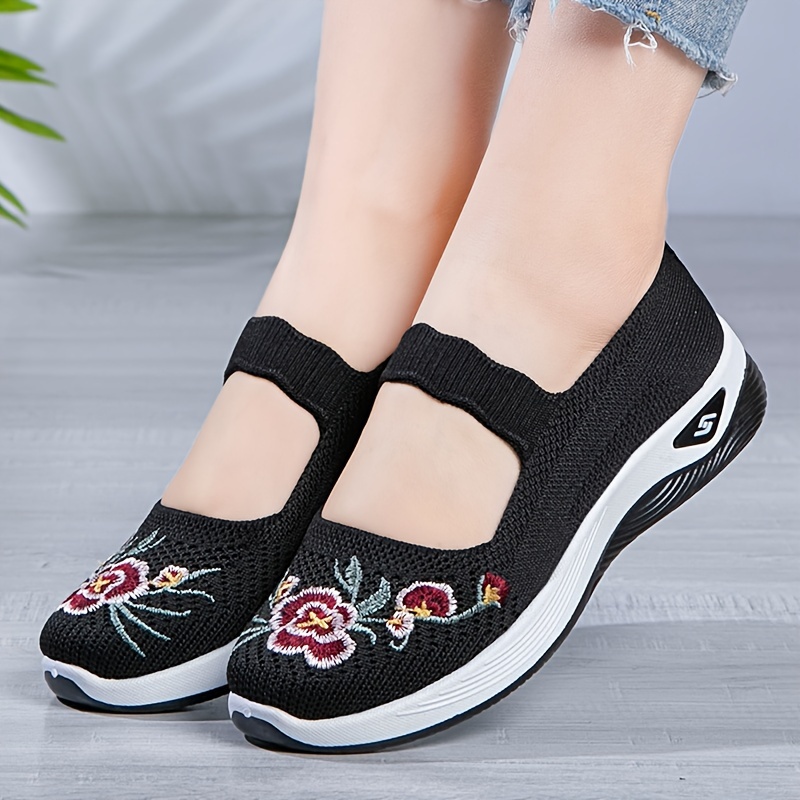 womens floral embroidered flats ankle band soft sole platform shallow mouth shoes low top walking comfy shoes details 2