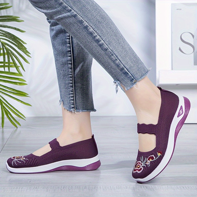 womens floral embroidered flats ankle band soft sole platform shallow mouth shoes low top walking comfy shoes details 3